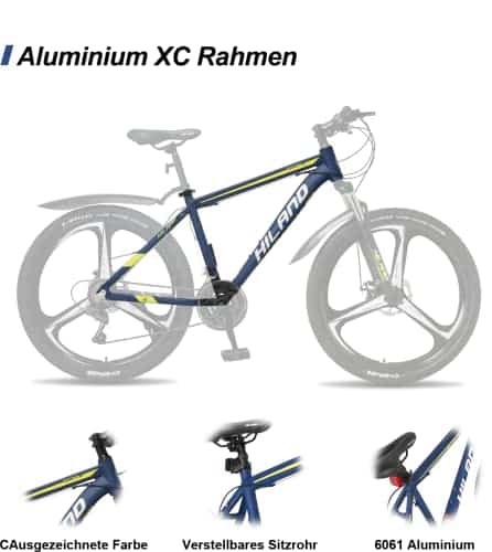 HILAND MTB Hardtail, 26 Zoll, Aluminiumrahmen, 21 Gang, Scheibenbremse, Federgabel, blau, 3-Schaufelrad – Bild 6