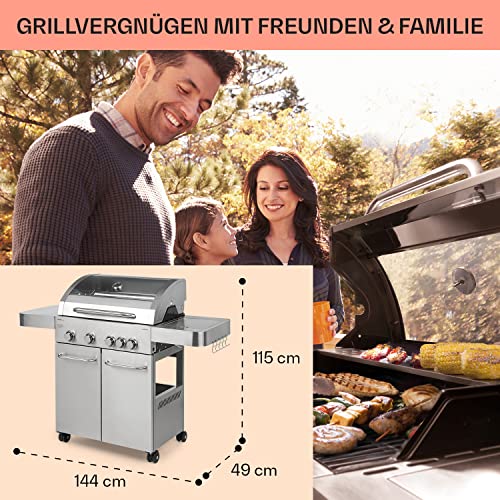 Klarstein Gasgrill mit großer Grillfläche, Seitenbrenner, 4 Brennern