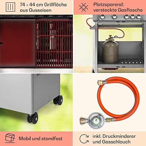 Klarstein Gasgrill mit großer Grillfläche, Seitenbrenner, 4 Brennern