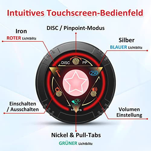 DR.ÖTEK Metalldetektoren Set für Kinder, Anfänger, Exklusiver DISC/Pinpoint-Modus, Berührungssensitiver Bildschirm, 21cm wasserdichte Suchspule, Sirenenalarm, LED-Kontrollleuchte