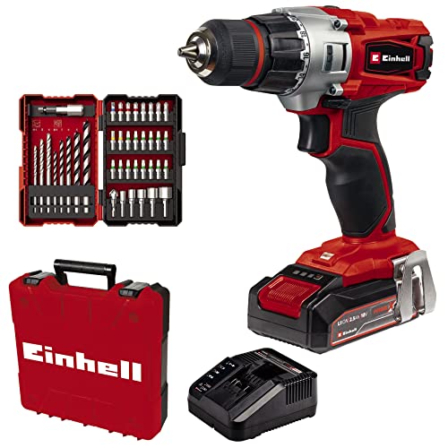 Einhell Akku-Bohrschrauber TE-CD 18/2 Li +39 (1x2,5Ah) Power X-Change (Li-Ion, 18 V, 44 Nm, 2-Gang-Getriebe, inkl. 2,5 Ah Akku, Schnellladegerät und 39-tlg. Zubehör-Set) Rot/Schwarz, 190