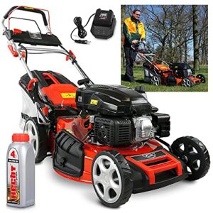 HECHT 5-IN-1 Benzin Rasenmäher – leistungsstarker 4 Takt Motor 4,0 kW (5,5 PS) – Elektrostart – 51 cm Schnittbreite – 65 l Fangkorb – Radantrieb –...