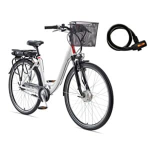 TELEFUNKEN E-Bike 28 Zoll Elektrofahrrad Alu mit 7-Gang Shimano Nabenschaltung, Pedelec Citybike mit Fahrradkorb, 250W und 13Ah, 36V Lithium-Ionen-Akku Multitalent weiß + ‎Sekura Fahrradschloss