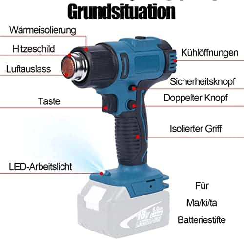 Schnurloses Heißluftgebläse für Makita mit 2x5500mAh Akku und DC18RC Ladegerät, 18V Li-lan, 2 Temperaturstufen (300°C/550°C) und 2 Düsen. – Bild 2