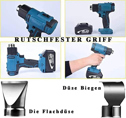 Schnurloses Heißluftgebläse für Makita mit 2x5500mAh Akku und DC18RC Ladegerät, 18V Li-lan, 2 Temperaturstufen (300°C/550°C) und 2 Düsen. – Bild 4