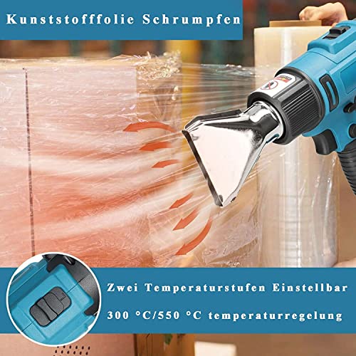 Schnurloses Heißluftgebläse für Makita mit 2x5500mAh Akku und DC18RC Ladegerät, 18V Li-lan, 2 Temperaturstufen (300°C/550°C) und 2 Düsen. – Bild 7