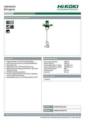 HIKOKI Rührgerät UM16VST2 (1600W, 230V, 2 Gang Getriebe, 150-300/300 ...