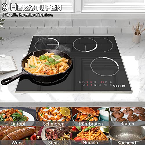 Cerankochfeld Autark mit Rahmen, 4 Kochfelder, 59cm, Duale und Ovale Zonen, 6700W, Kindersicherung