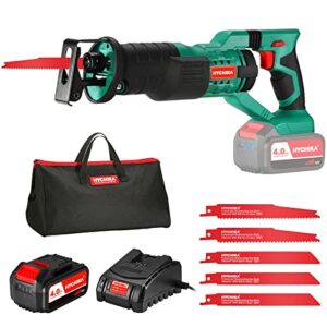 Säbelsäge, HYCHIKA 18 V Akkusäge mit 0–2800 SPM variabler Geschwindigkeit, schneller Klingenwechsel, 6 Stück Klingen, LED-Licht, 1 x Akku mit Schnellladegerät, zum Schneiden von Holz und Metall
