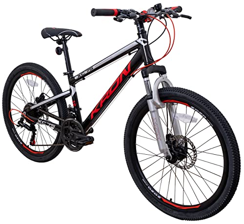 KRON XC 75 Kinder Mountain Bike 24 Zoll ab 8-9 Jahre | Aluminium MTB Fahrrad 21 Gang Shimano, Scheibenbremse, 13 Zoll Rahmen, Schwarz Rot