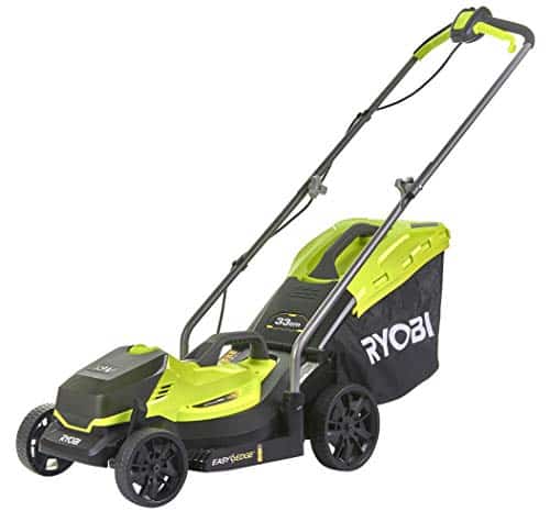 Ryobi Akku-Rasenmäher (Schnittbreite 33 cm, Schnitthöhe verstellbar, mit 35 l Fangsack + Mulchkeil, mit Akku) RLM18X33B40