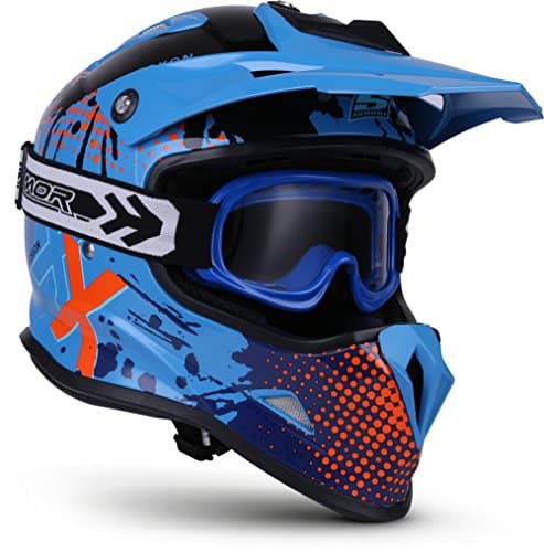 SOXON® SKC-33 Set „Fusion Blue“ · Kinder Cross-Helm · Motorrad-Helm MX Cross-Helm MTB BMX Cross-Bike Downhill Off-Road Moto-Cross · ECE 22.05 Schnellverschluss SlimShell Tasche XXS (49-50cm)