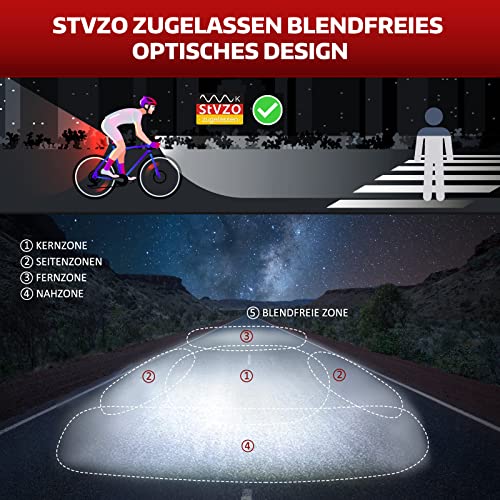 Fahrradlicht Set 100LUX STVZO - Frontlicht & Rücklicht Mit Bremsfunktion IPX5 Wasserdicht