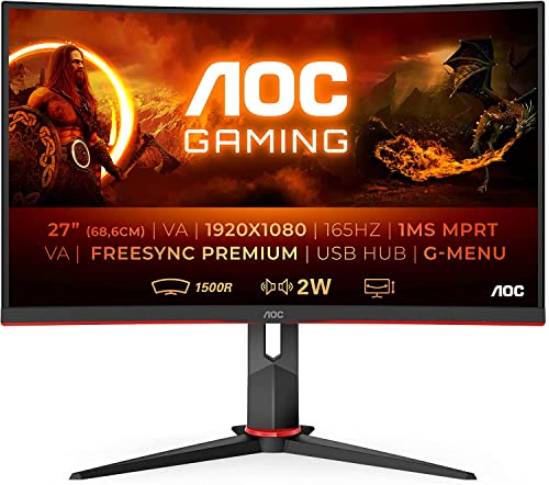 AOC Gaming C27G2U - 27 Zoll FHD Curved Monitor, 165 Hz, 1ms, Freesync Premium (1920x1080, HDMI, DispalyPort, USB Hub) schwarz/rot