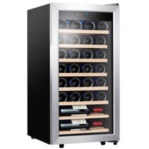 Kalamera Weinkühlschrank, 28 Flaschen 86 Liter, Touch-Bedienfeld, Edelstahl Glastür, 5-18°C Kühlzone, Abnehmbar Holzauflagen, KRC-86FCSS-W
