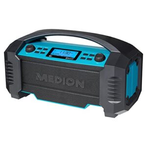 MEDION E66050 DAB+ Baustellenradio (Integrierter Akku, IP54 Schutz gegen Spritzwasser & Staub, USB-Ladefunktion, Bluetooth 5.0, PLL UKW Radio, LED-Arbeitslicht, Akku- oder Netzbetrieb) blau