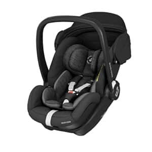 Maxi-Cosi Marmor Babyschale in der Nähe von Liegen, flach liegend Babyschale mit ISOFIX Base, Gruppe 0+, i-Size, 40-85 cm (ab Geburt bis ca. 15 Monate), Essential Black