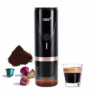CERA+ tragbare elektrische Espressomaschine mit Selbstheizung in 3-4 Minuten, 20-Bar-Mini-Kaffeemaschine mit wiederaufladbarem Akku, kompatibel mit NS-Kapseln und gemahlenem Kaffee für Reisen