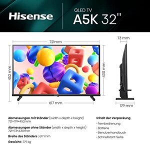 Hisense 32A5KQ 80cm (32 Zoll) QLED Fernseher Full HD, Smart TV, Triple Tuner DVB-T2 / T/C / S2 / S, USB-C, Duale Positionierung, Works with Alexa, WiFi, Game Mode, Hotel Mode, Schwarz [2023]