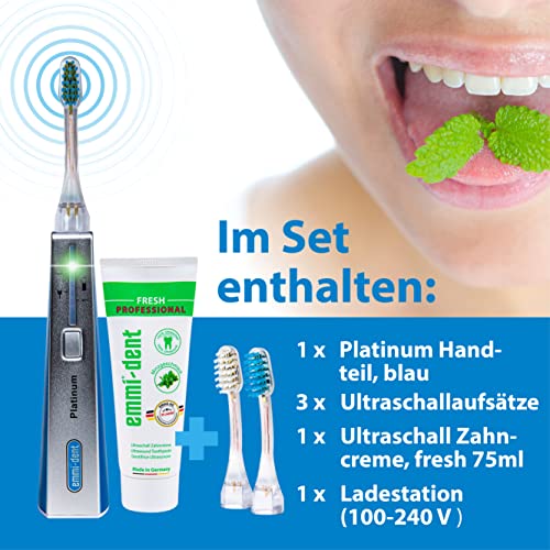 emmident Platinum elektrische Ultraschall Zahnbürste (StarterSet Blau) Ideal für empfindliche